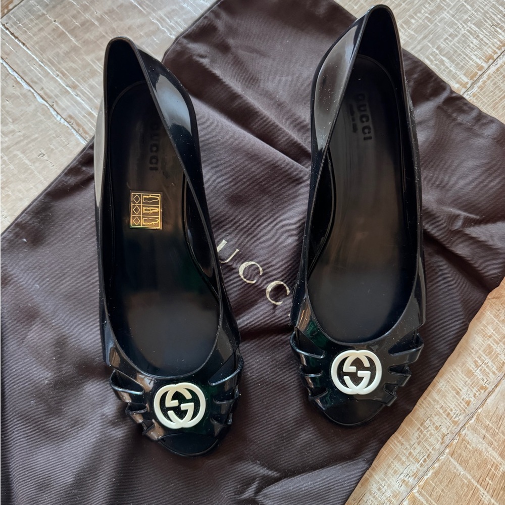 Gucci Black Rubber Wedge with Iconic White Logo